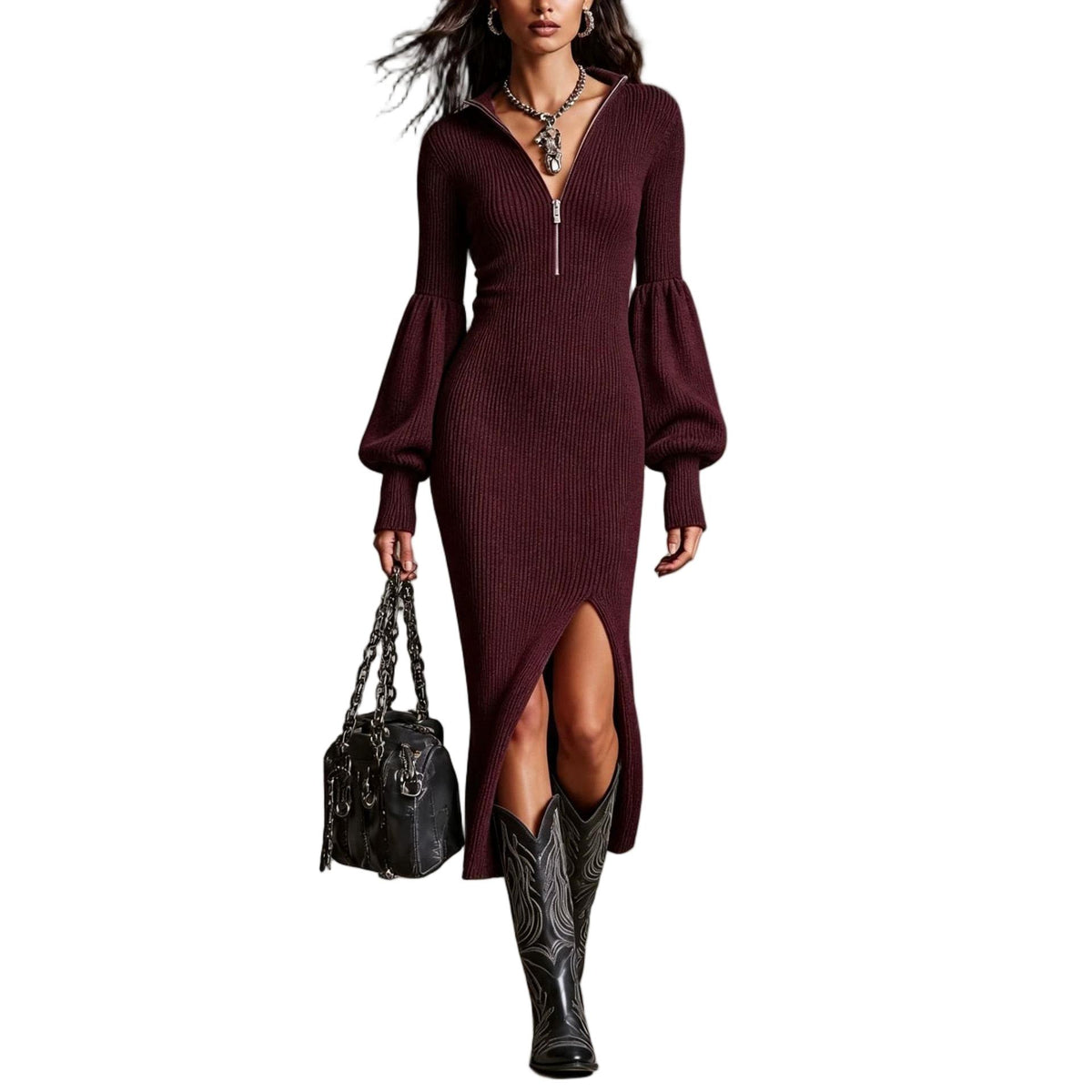 Quarter-Zip Ribbed Knit Midi Dress – Lantern Sleeve Split Sweater Dress