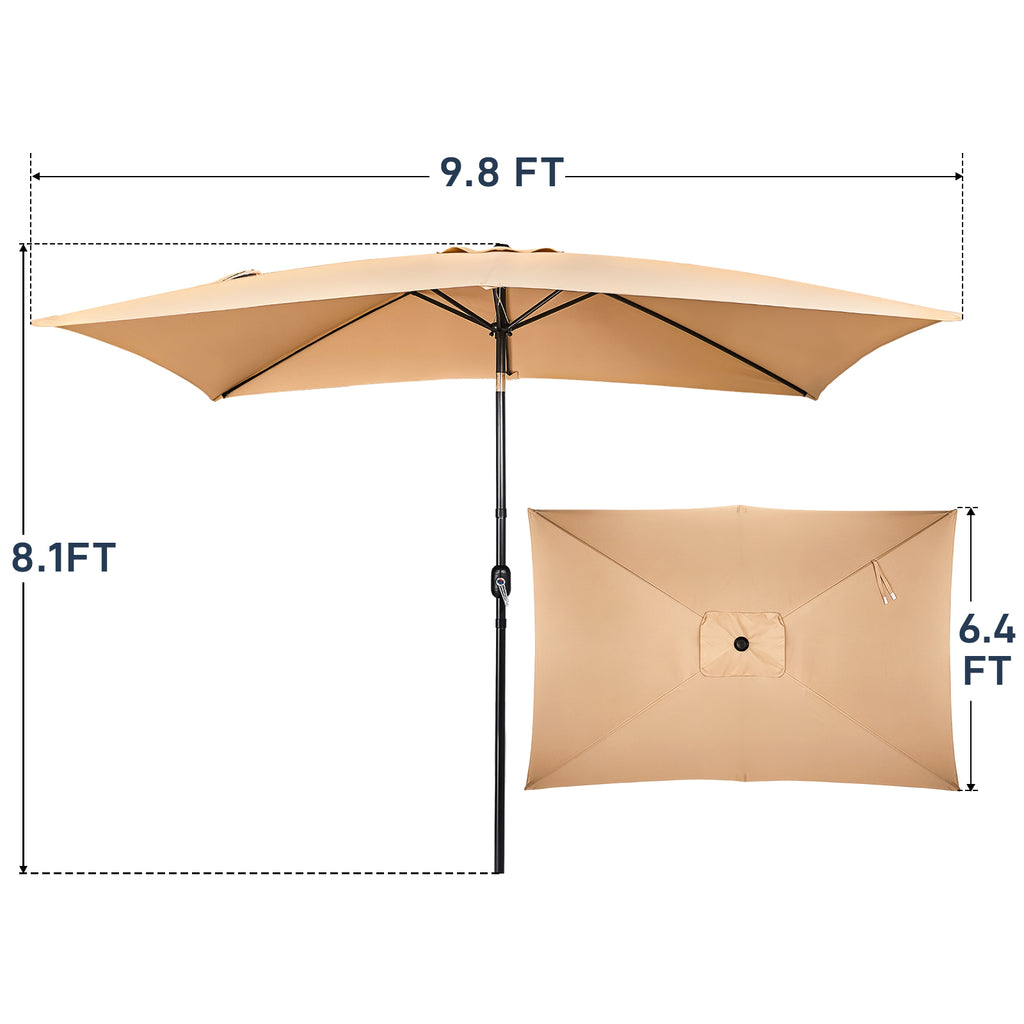 10 x 6.5 FT Square Patio Umbrella, Tilting Outdoor Market Umbrella with 6 Iron Ribs & Iron Pole, Polyester Fabric Yard Sun Shade Umbrella Khaki