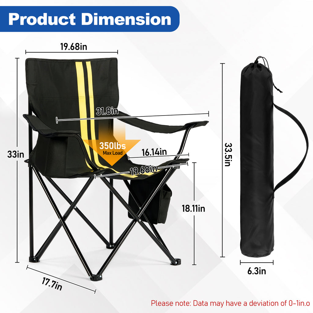US STOCK FREE SHIPPING Folding Camping Chair with Built-in Cooler Bag, 350LBS Heavy Duty Portable Outdoor Chair with Cup Holder, Side Pocket & Carry Bag, 33.7"×20.5"×33.5" Black Camping Chair with Yellow Stripes for Beach, Picnic, Fishing