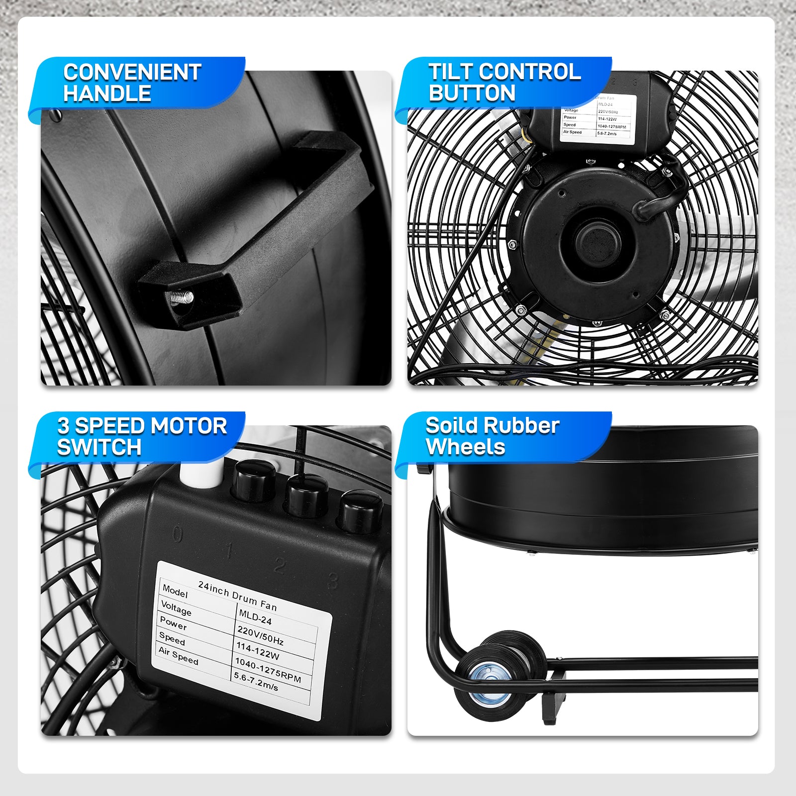 US Standard MLD-30 Industrial Drum Fan, 30 Inch 110V 230W High Velocity Floor Fan, 3 Speed Heavy Duty Black Metal Air Circulator, Adjustable Tilt with Outer Double Wheels, Copper Motor Single Side Support for Warehouse Commercial Use