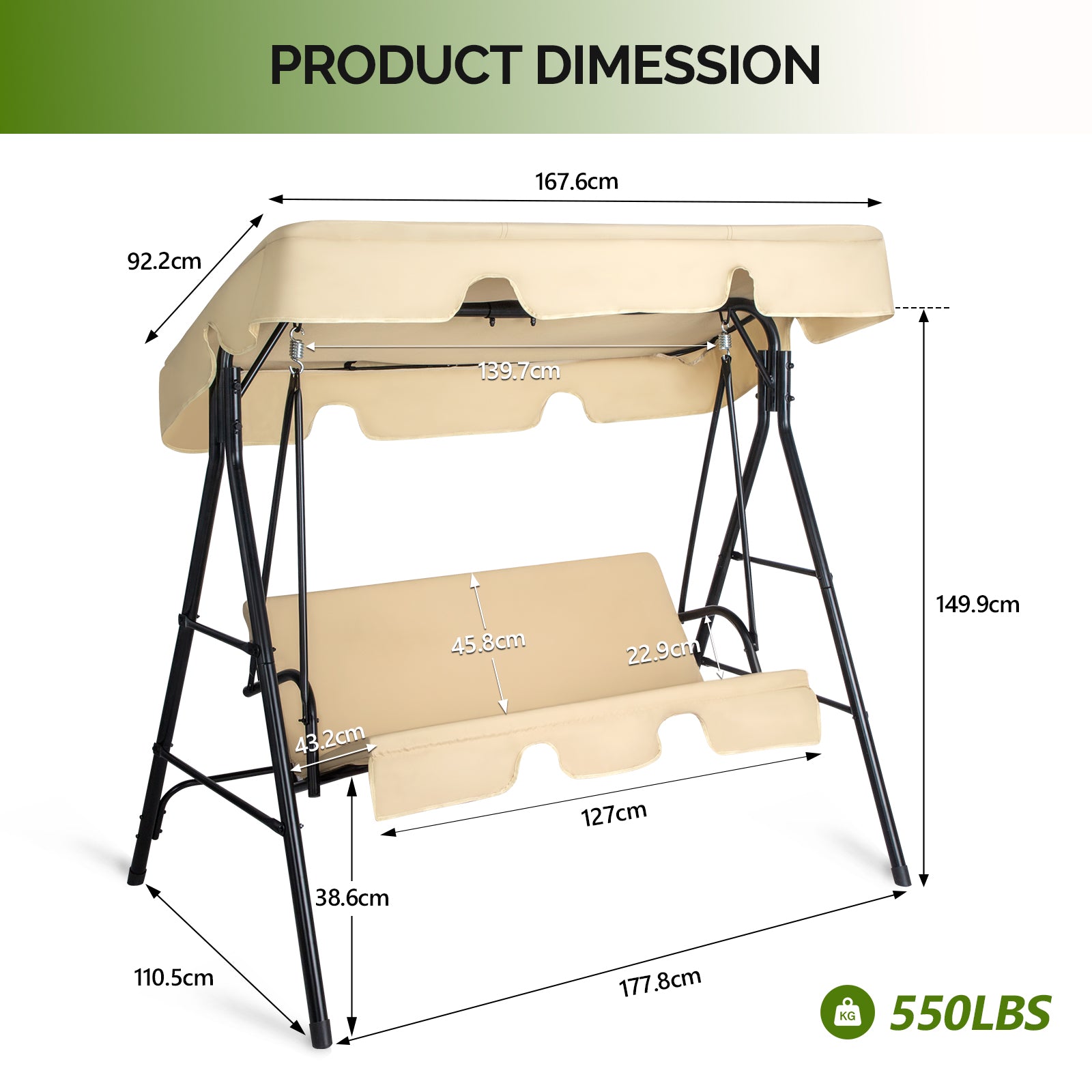 Outdoor Patio Swing Set with Cushion & Canopy – 68" Khaki Iron Frame, 550 lb Capacity | Free US Shipping