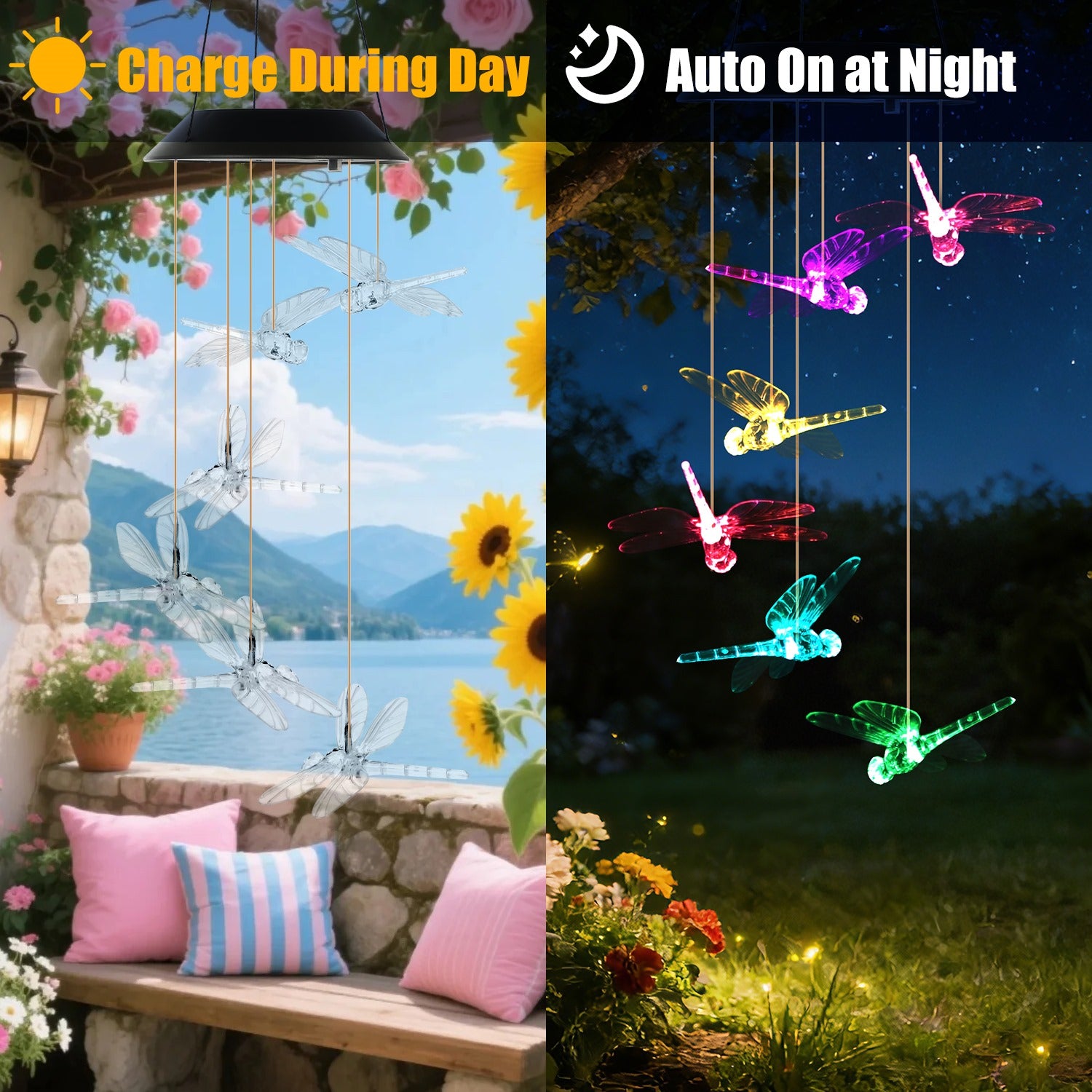 2PCS-Outdoor Solar Wind Chimes, Solar Dragonfly Wind Chimes, Color Changing LED Wind Chime Light, IPX4 Waterproof Outdoor Hanging Decor for Garden Patio Yard US FREE SHIPPING