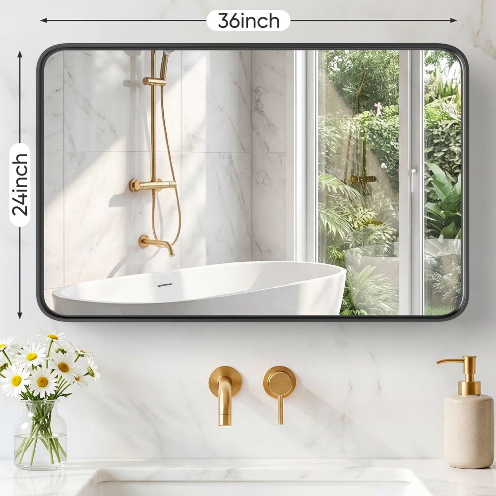24" x 36" Anti-Fog Bathroom Wall Mirror – Shatterproof, Black Rectangular Metal Frame | Free US Shipping