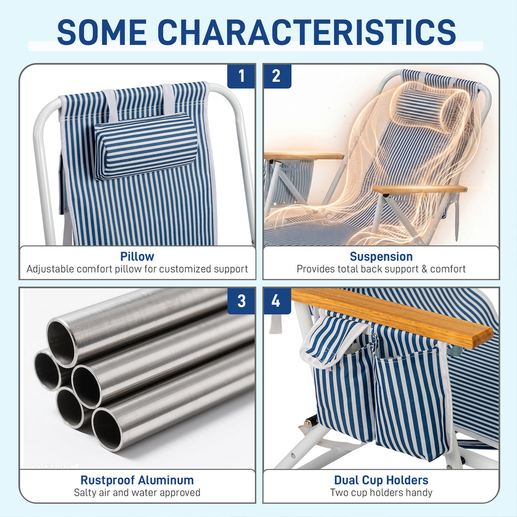 4-Position Adjustable Backpack Beach Chair, Foldable Rustproof Aluminum Frame Lounge Chair with Wooden Armrest, Side Storage Pockets & Detachable Pillow, 24"×22"×37" Outdoor Patio Camping Lawn Chair Holds up to 265 LBS, Blue White Vertical Stripe