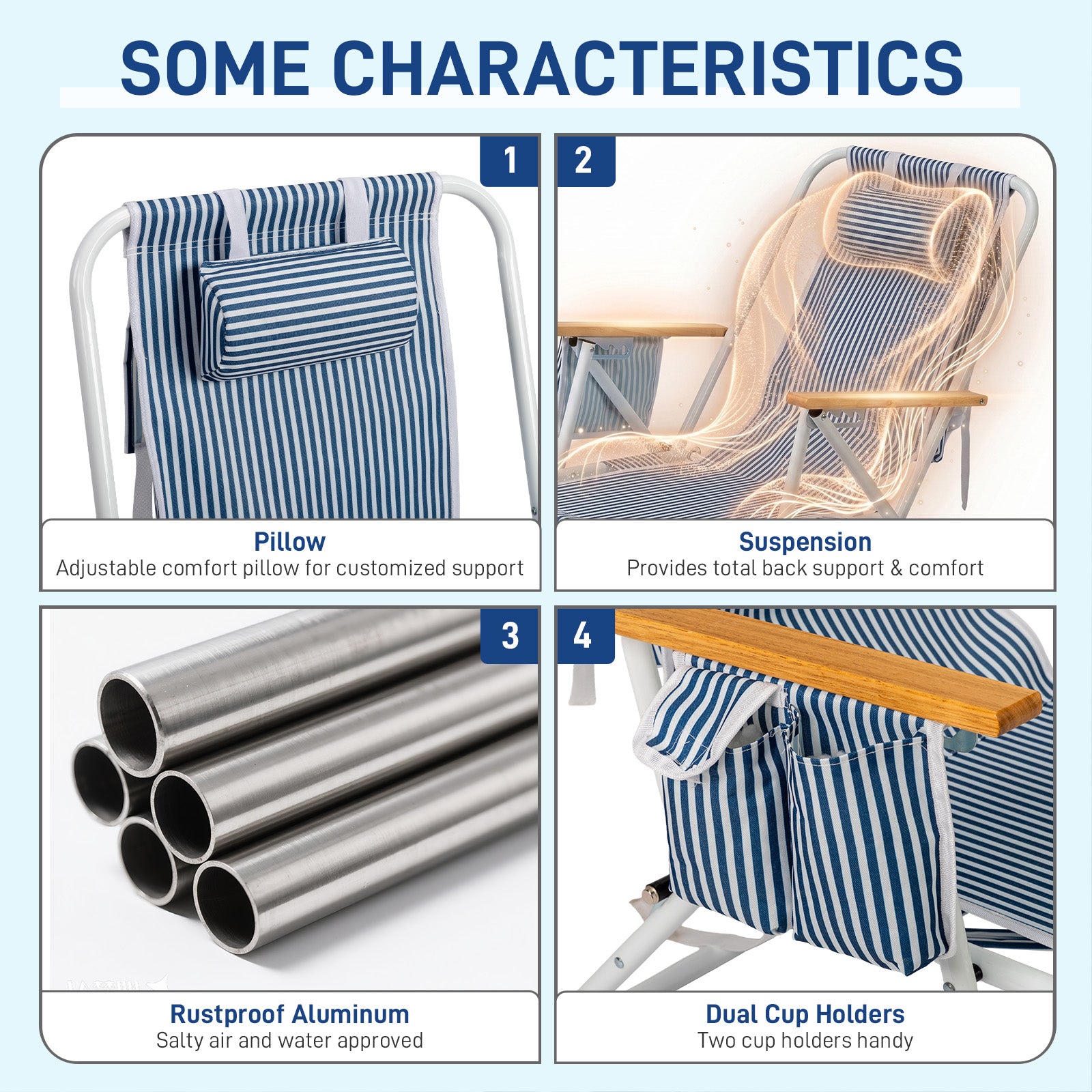4-Position Adjustable Backpack Beach Chair, Foldable Rustproof Aluminum Frame Lounge Chair with Wooden Armrest, Side Storage Pockets & Detachable Pillow, 24"×22"×37" Outdoor Patio Camping Lawn Chair Holds up to 265 LBS, Blue White Vertical Stripe