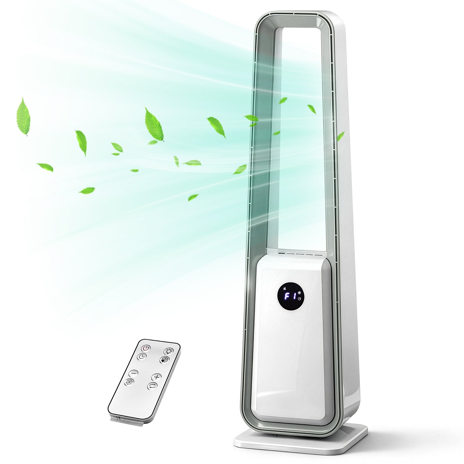 US STOCK US Standard HTY2204 bladeless fan 110V 36W 35-inch bladeless fan with LED electronic display, black-edged remote control, plastic, aluminum motor, white, 3-speed wind, 12-hour timer, 3 modes, left-right oscillation, air purification, trapezoid