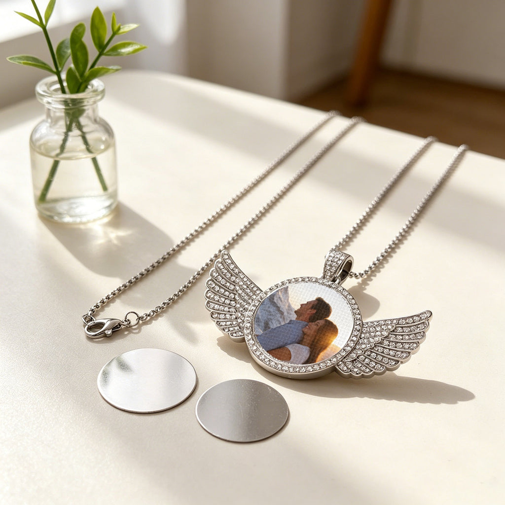 Custom Photo Angel Wings Necklace – Personalized Picture Pendant, Gold & Silver | Free US Shipping