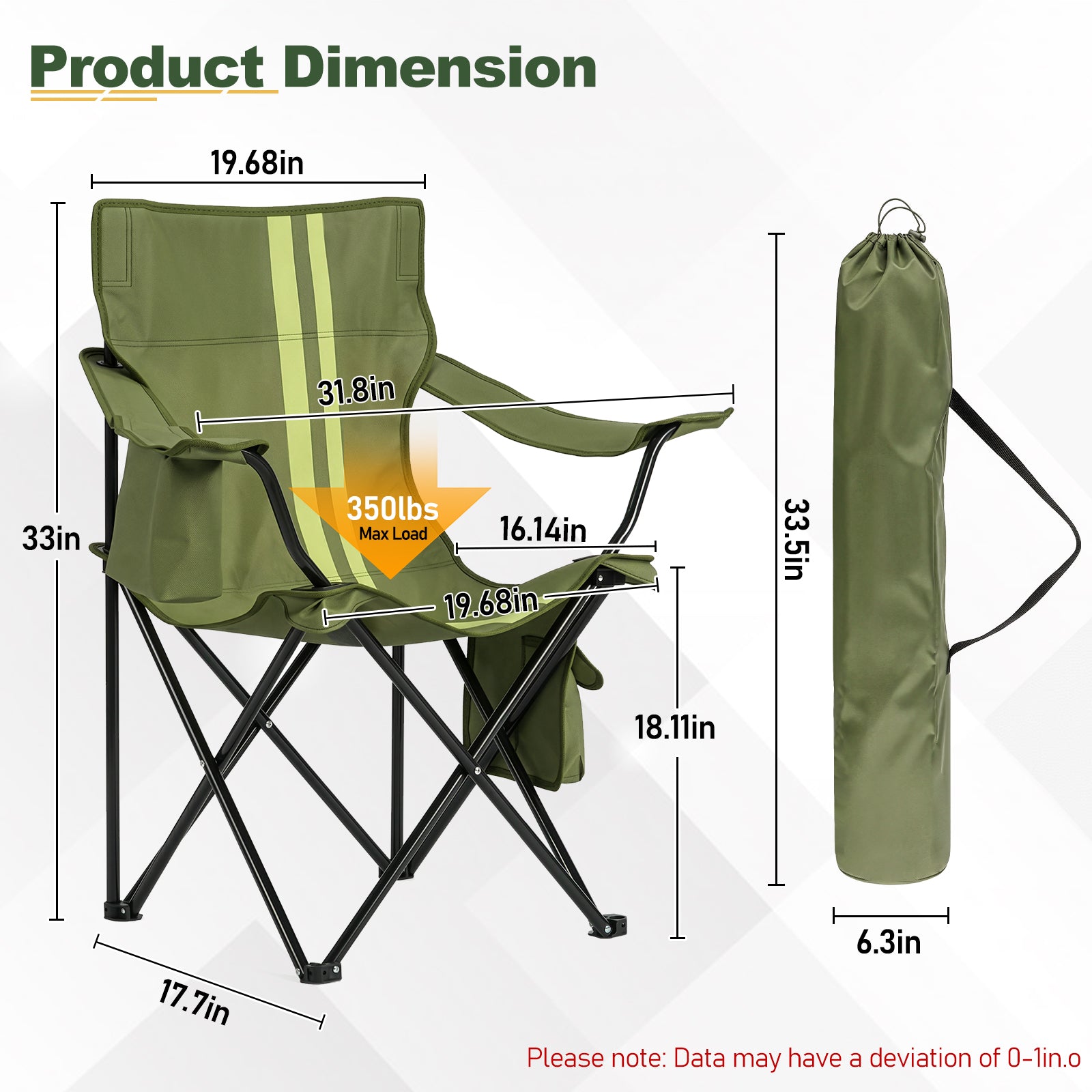 Folding Camping Chair with Built-in Cooler Bag & Cup Holder, Heavy Duty 350 lbs Capacity Portable Outdoor Camp Chair, Green Padded Folding Chair with Side Pocket for Camping, Beach, Patio, Picnic, Travel
