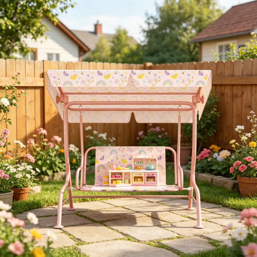 Kids Outdoor Patio Swing Chair with Canopy – Rainbow Pink, Ages 3-6 | Free US Shipping