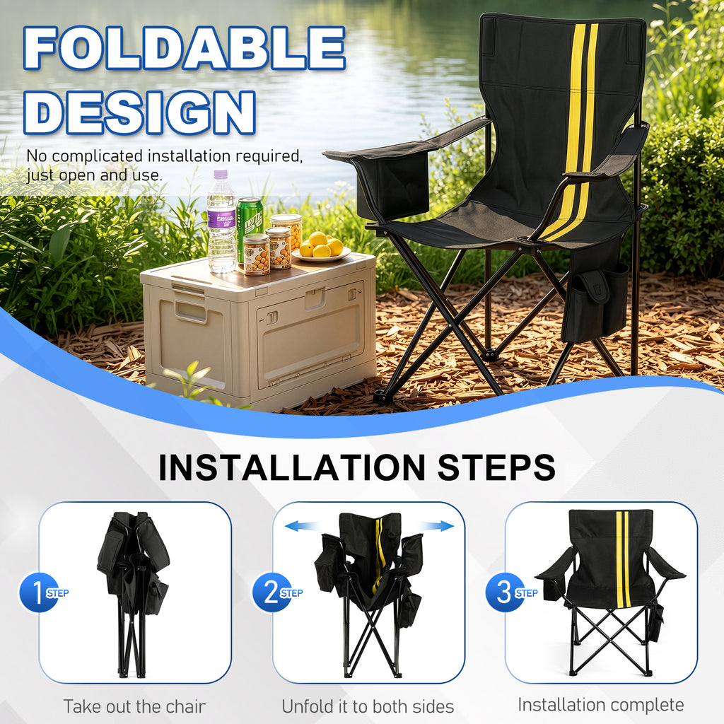 US STOCK FREE SHIPPING Folding Camping Chair with Built-in Cooler Bag, 350LBS Heavy Duty Portable Outdoor Chair with Cup Holder, Side Pocket & Carry Bag, 33.7"×20.5"×33.5" Black Camping Chair with Yellow Stripes for Beach, Picnic, Fishing