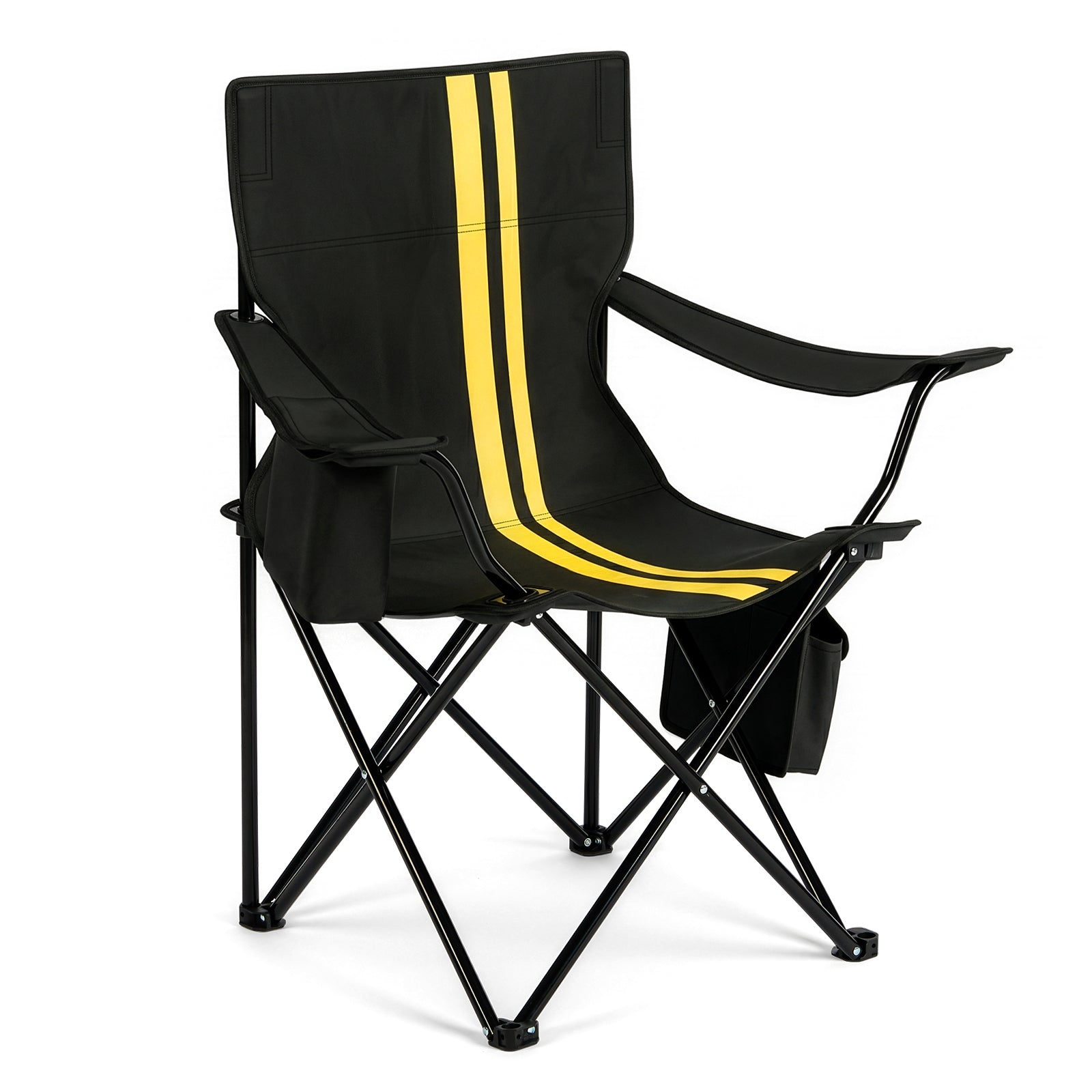US STOCK FREE SHIPPING Folding Camping Chair with Built-in Cooler Bag, 350LBS Heavy Duty Portable Outdoor Chair with Cup Holder, Side Pocket & Carry Bag, 33.7"×20.5"×33.5" Black Camping Chair with Yellow Stripes for Beach, Picnic, Fishing