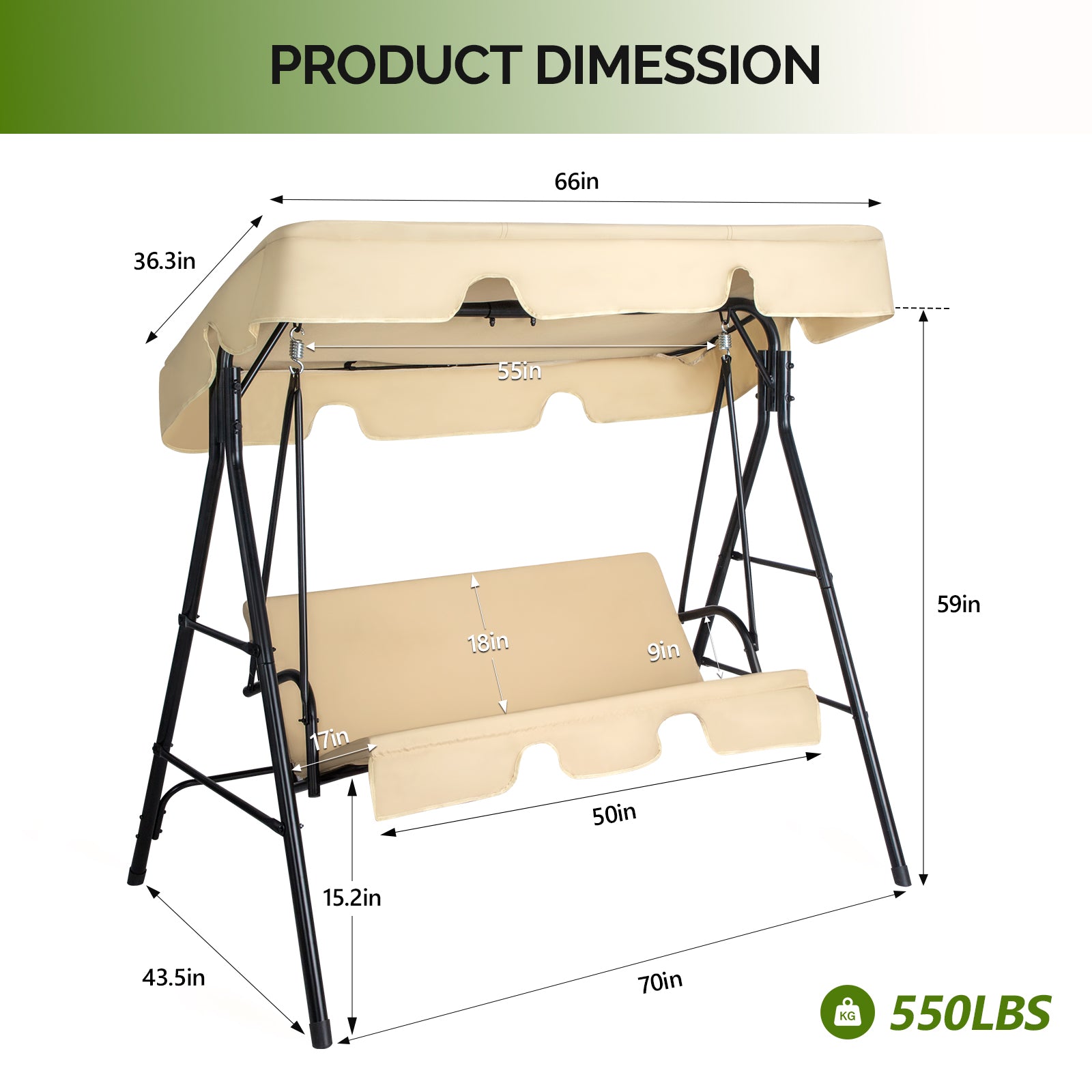 Outdoor Patio Swing Set with Cushion & Canopy – 68" Khaki Iron Frame, 550 lb Capacity | Free US Shipping