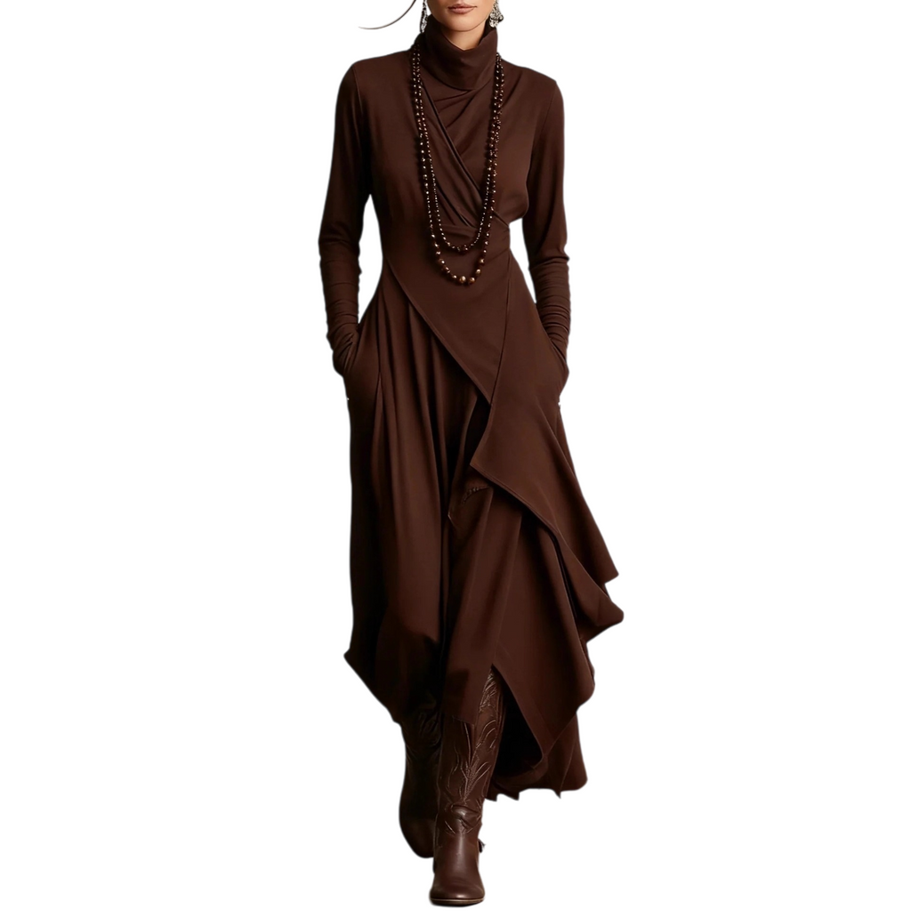 Women's High Neck Crossover Long Sleeve Bodycon Dress - Elegant Evening Midi Gown