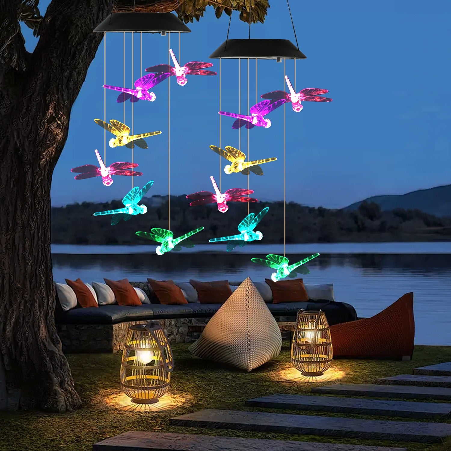 2PCS-Outdoor Solar Wind Chimes, Solar Dragonfly Wind Chimes, Color Changing LED Wind Chime Light, IPX4 Waterproof Outdoor Hanging Decor for Garden Patio Yard US FREE SHIPPING