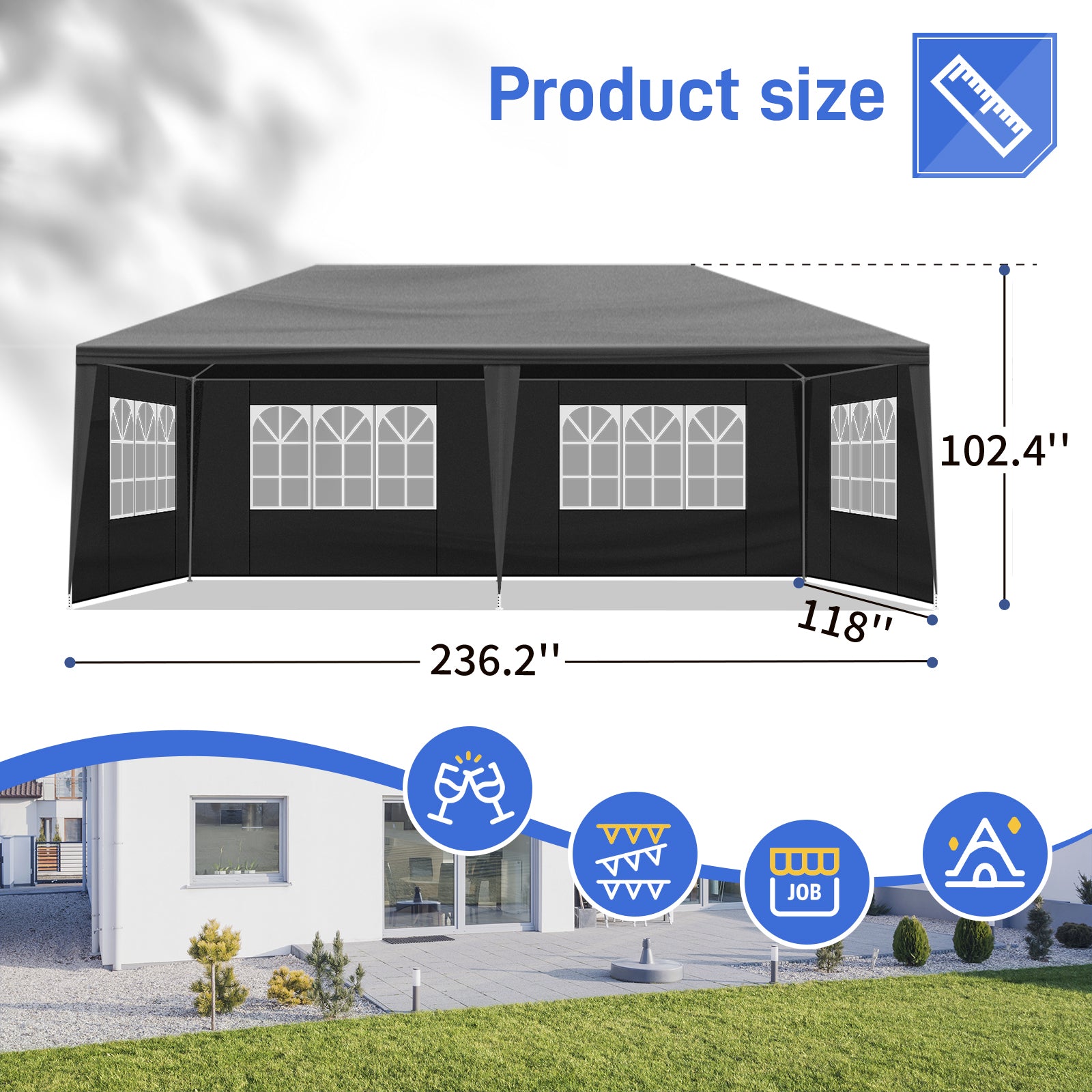 US STOCK FREE SHIPPING Blue& White Strip10'x20' Outdoor Party Tent with 6 Removable Sidewalls, Waterproof Canopy Patio Wedding Gazebo, Black