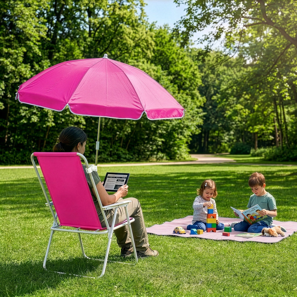 1 Pack Folding Beach Chair with Umbrella, XL Size, 15" Seat Height, Barbie Pink, Steel Spring Chair with Cross Bar, Oxford Cloth, 120kg Capacity