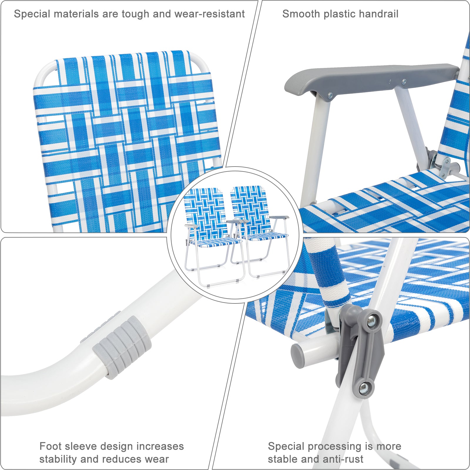 US STOCK FREE SHIPPING 2pcs Steel Tube PP Webbing Bearing 120kg Folding Beach Chair Blue& White Strip