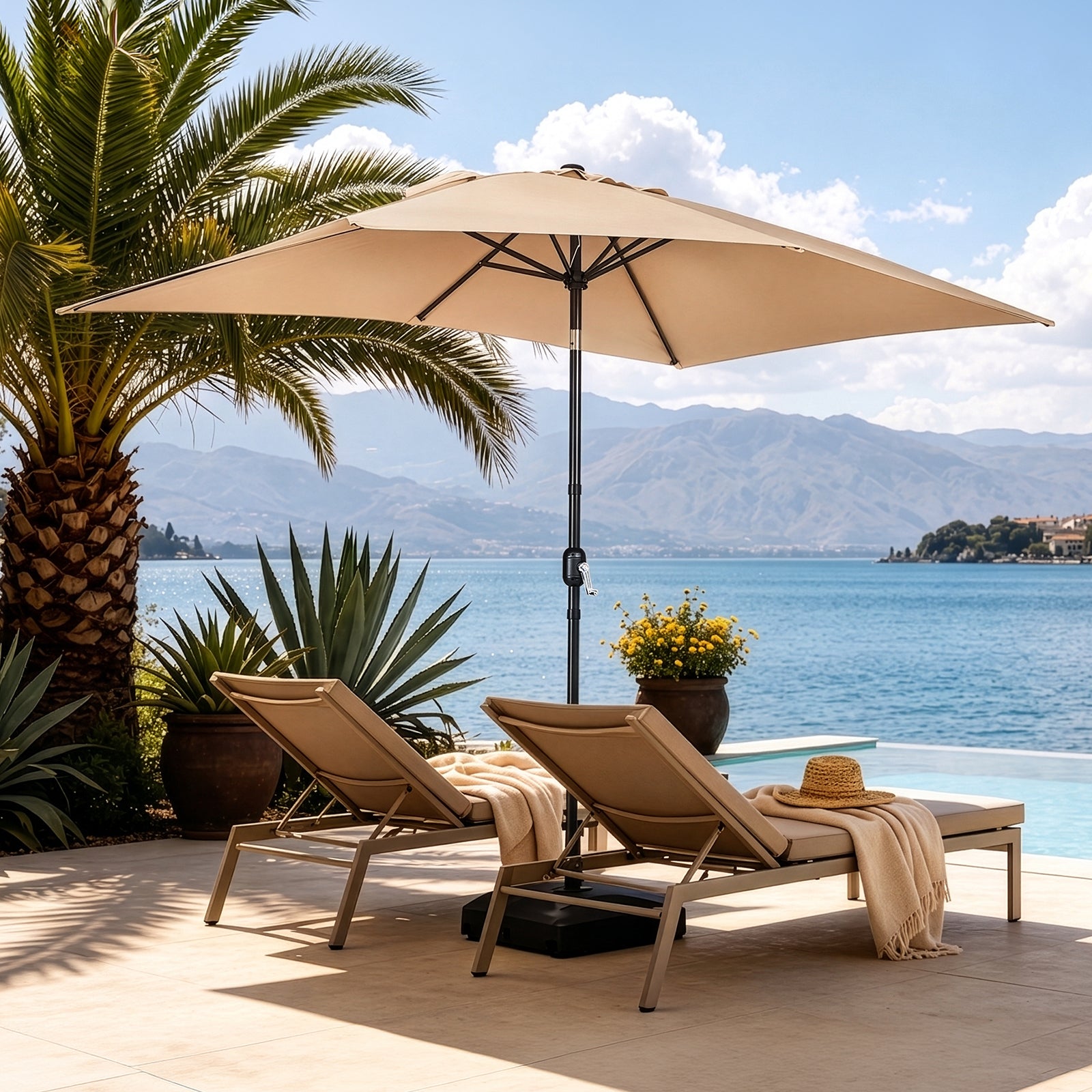 10 x 6.5 FT Square Patio Umbrella, Tilting Outdoor Market Umbrella with 6 Iron Ribs & Iron Pole, Polyester Fabric Yard Sun Shade Umbrella Khaki