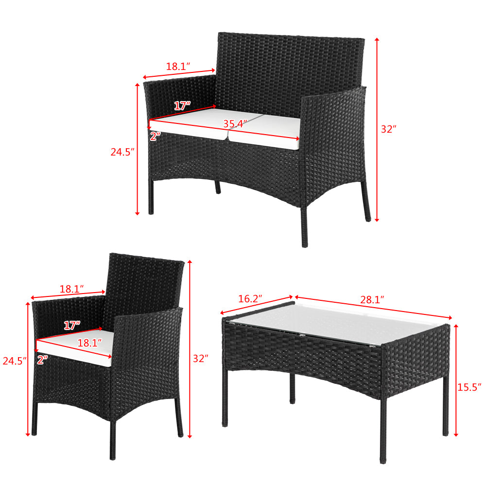 4-Piece Rattan Sofa Set – 2 Arm Chairs, Loveseat & Tempered Glass Coffee Table | Black PE Wicker | Free US Shipping