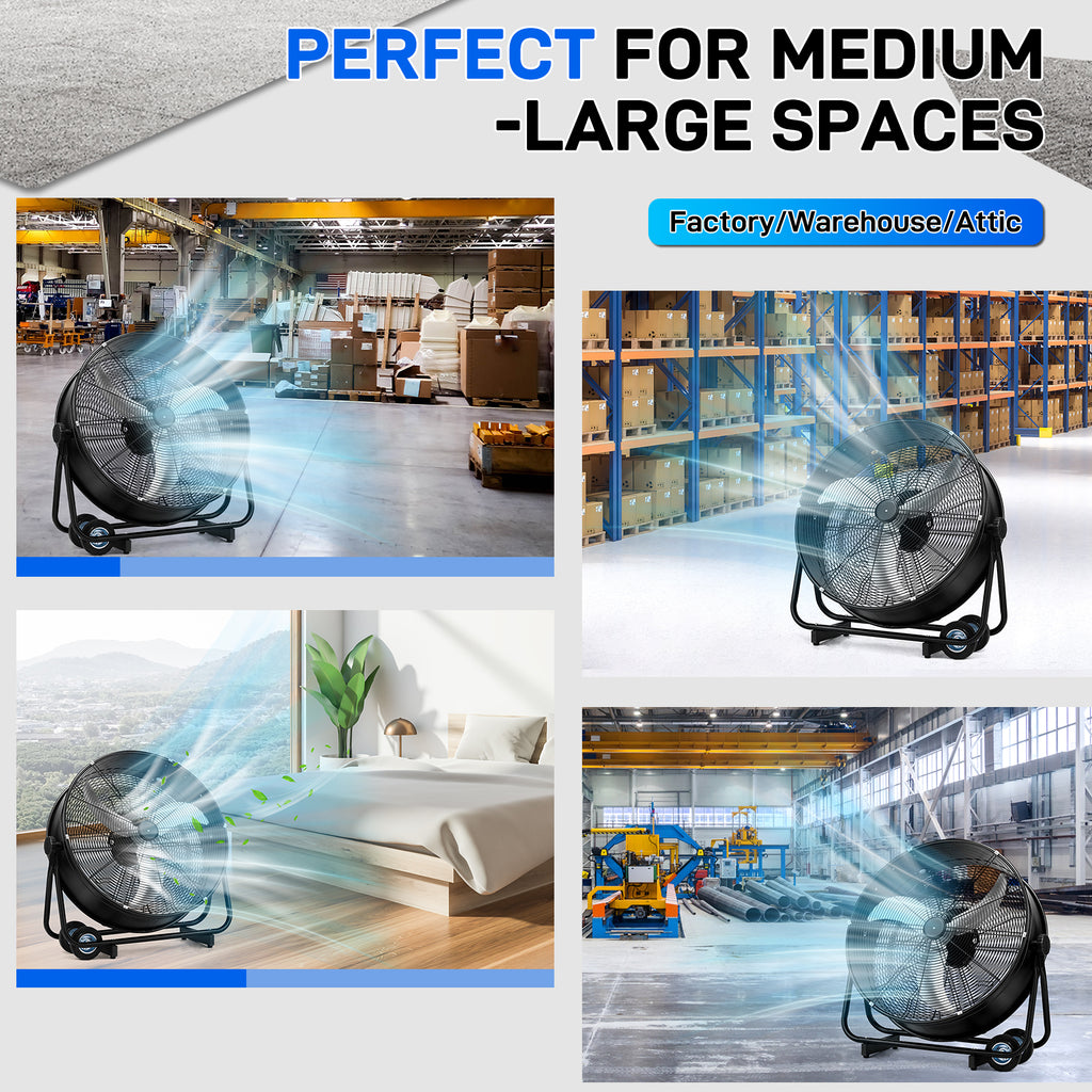 US Standard MLD-30 Industrial Drum Fan, 30 Inch 110V 230W High Velocity Floor Fan, 3 Speed Heavy Duty Black Metal Air Circulator, Adjustable Tilt with Outer Double Wheels, Copper Motor Single Side Support for Warehouse Commercial Use