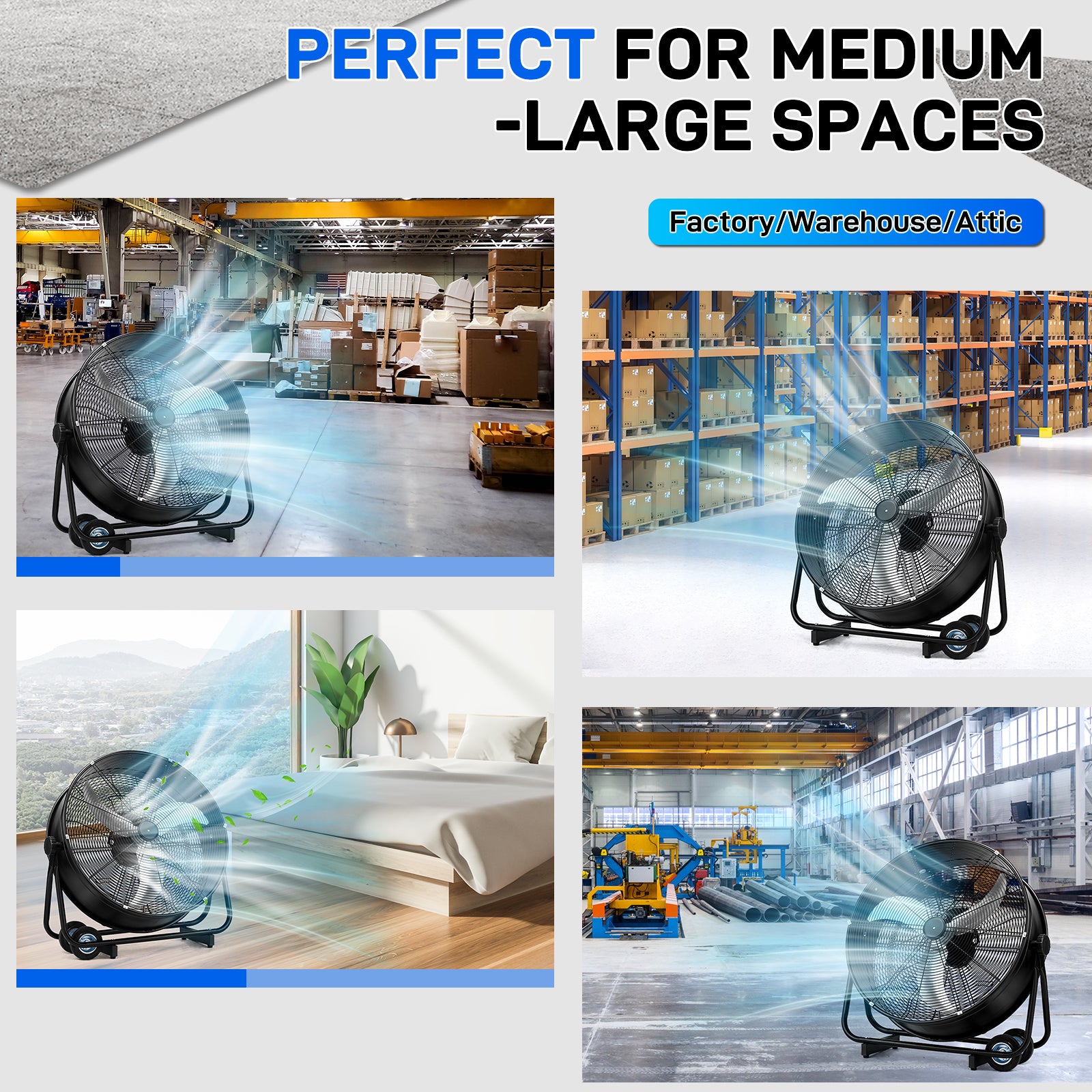 US Standard MLD-30 Industrial Drum Fan, 30 Inch 110V 230W High Velocity Floor Fan, 3 Speed Heavy Duty Black Metal Air Circulator, Adjustable Tilt with Outer Double Wheels, Copper Motor Single Side Support for Warehouse Commercial Use