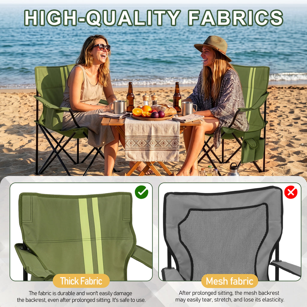 Folding Camping Chair with Built-in Cooler Bag & Cup Holder, Heavy Duty 350 lbs Capacity Portable Outdoor Camp Chair, Green Padded Folding Chair with Side Pocket for Camping, Beach, Patio, Picnic, Travel