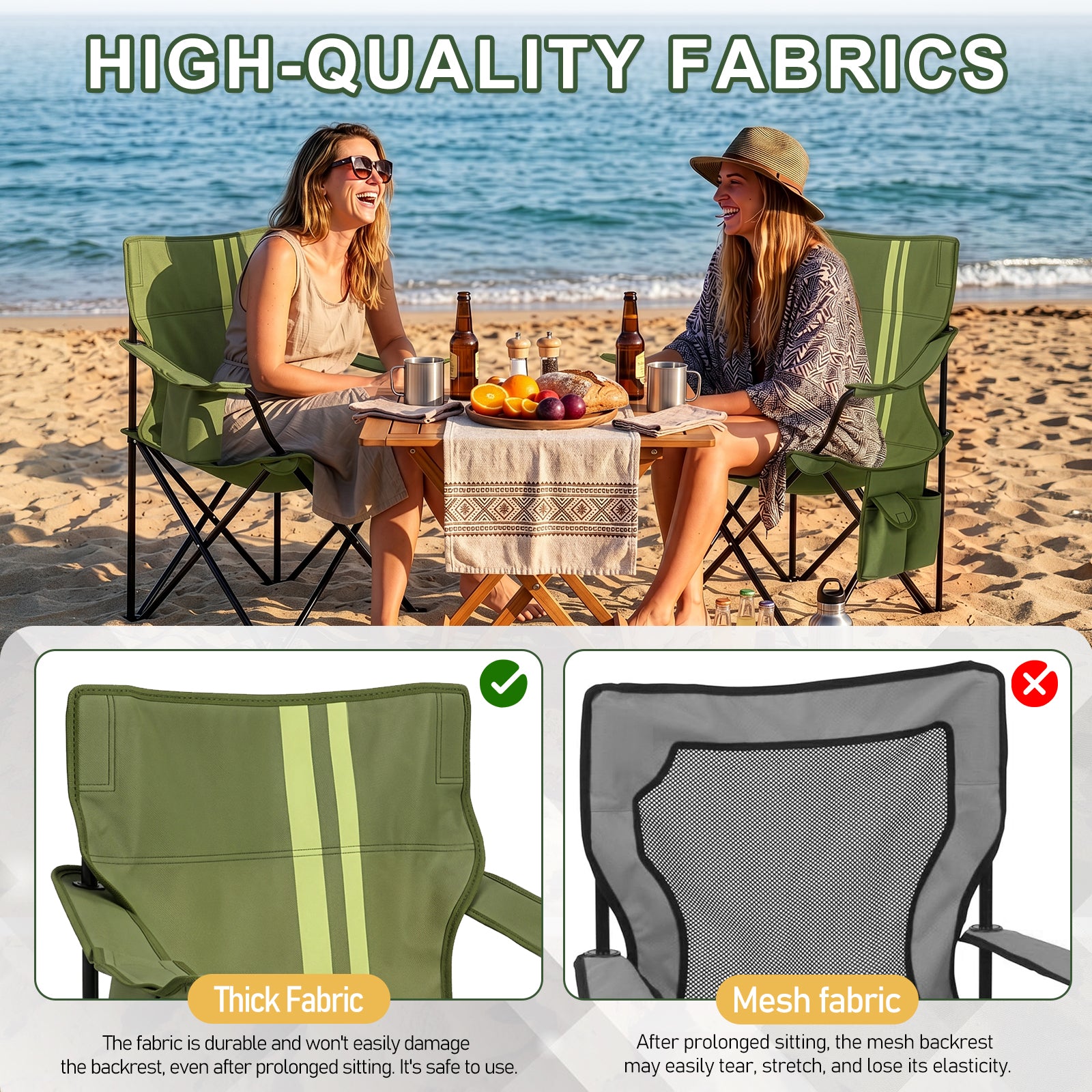 Folding Camping Chair with Built-in Cooler Bag & Cup Holder, Heavy Duty 350 lbs Capacity Portable Outdoor Camp Chair, Green Padded Folding Chair with Side Pocket for Camping, Beach, Patio, Picnic, Travel
